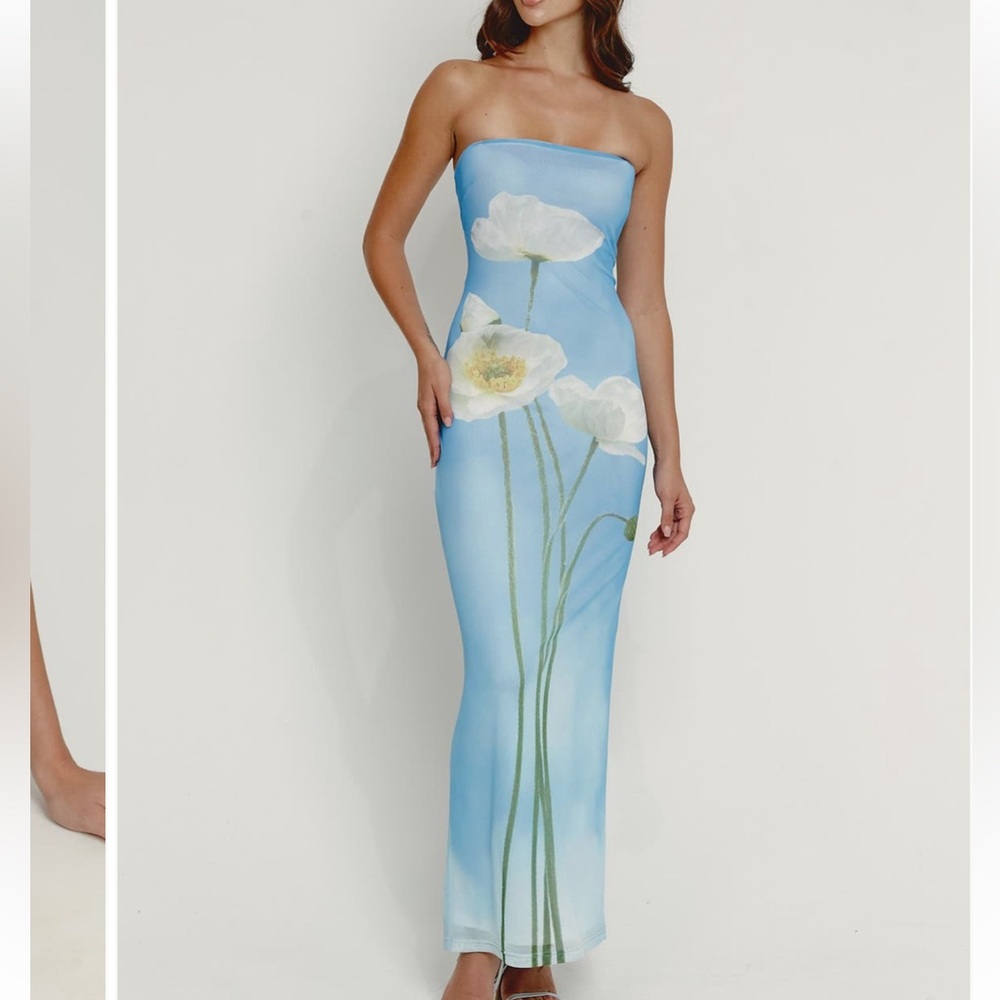 Rare London Strapless Dress in Blue with White Floral Design